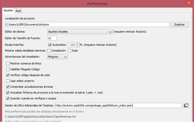 Preferencias IDE Arduino, ESP8266